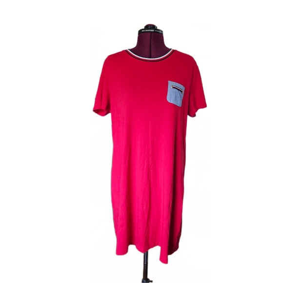 Tommy Hilfiger Red Cotton Mini T-Shirt Dress with Blue Chest Pocket - Picture 1 of 13